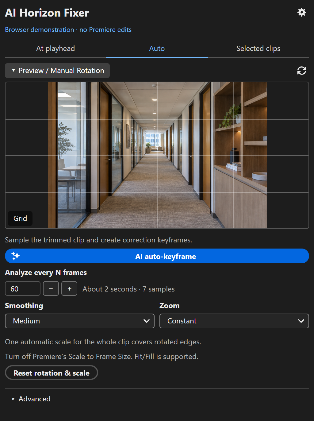 Auto mode with Analyze every N frames, smoothing and Off, Constant and Dynamic zoom controls
