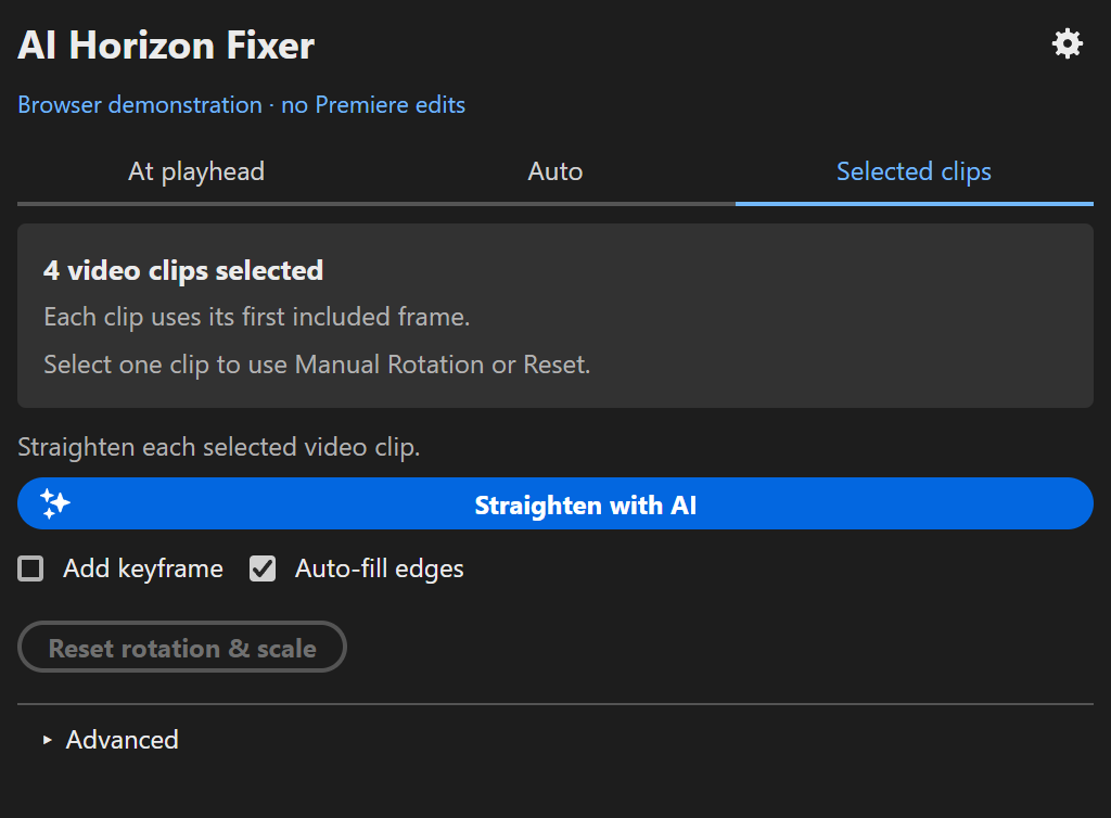Selected clips batch mode showing four selected video clips, the Straighten with AI action and first-included-frame behavior