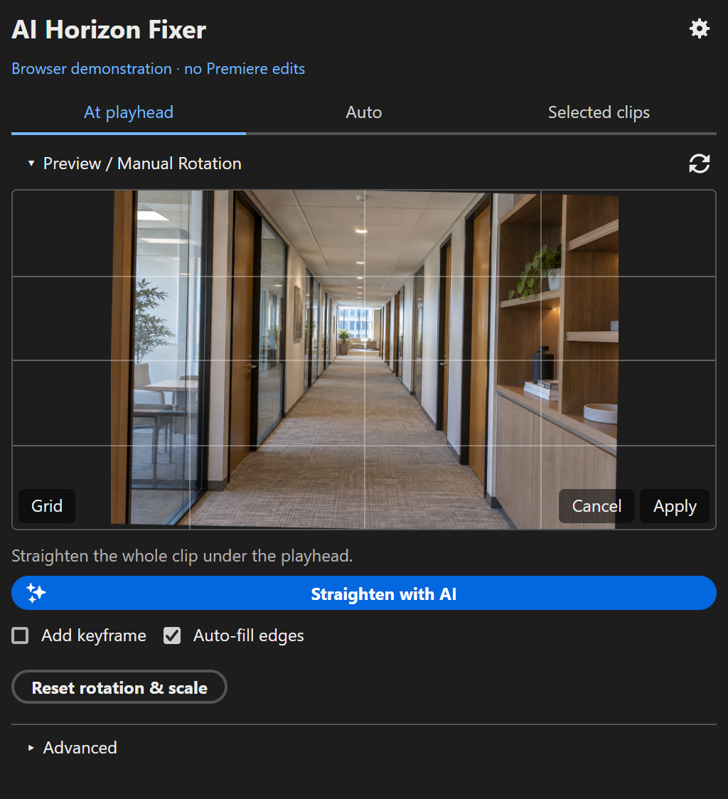 Manual Rotation preview with a fixed grid and visible Cancel and Apply controls in AI Horizon Fixer