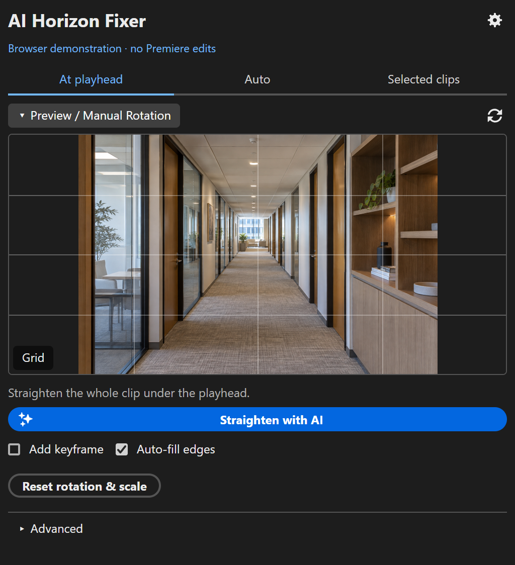 AI Horizon Fixer for Premiere: At playhead tab with frame preview, Straighten with AI, Add keyframe and Auto-fill edges