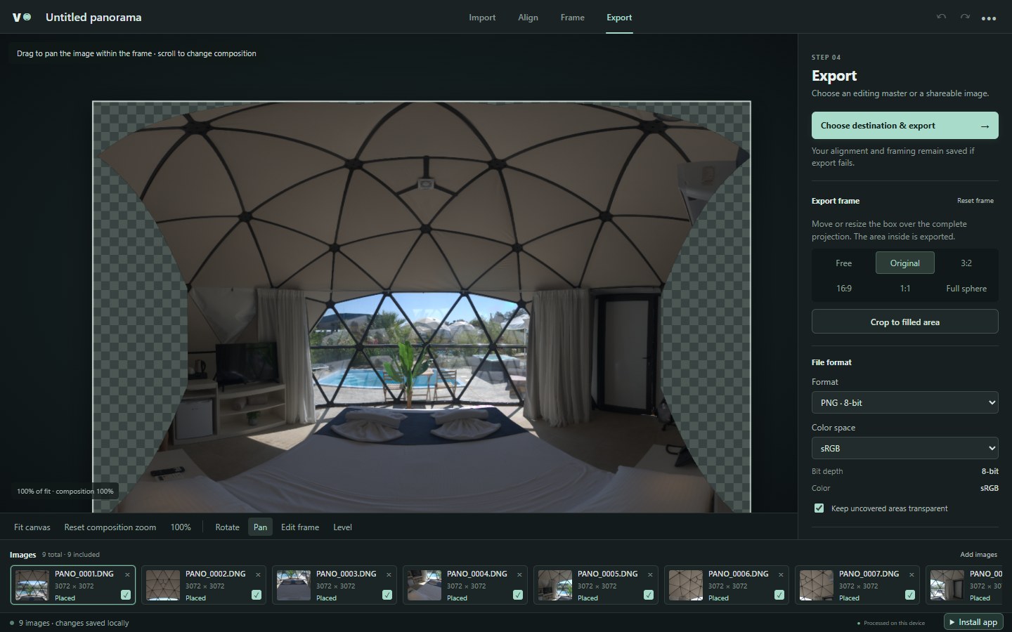 Export settings for a real DJI panorama in Vakago Panorama Stitcher