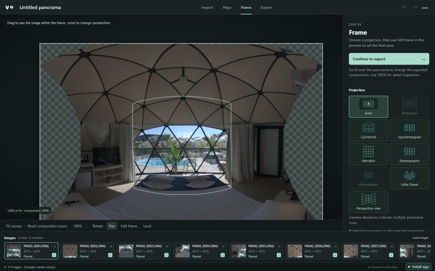 Actual Vakago Panorama Stitcher framing controls with photographer-supplied DJI photographs