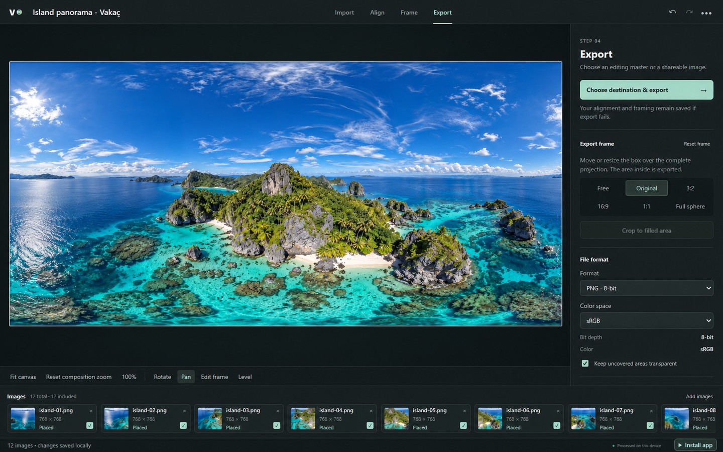 Panorama export panel with dimensions, format, color space, and the visible island export frame