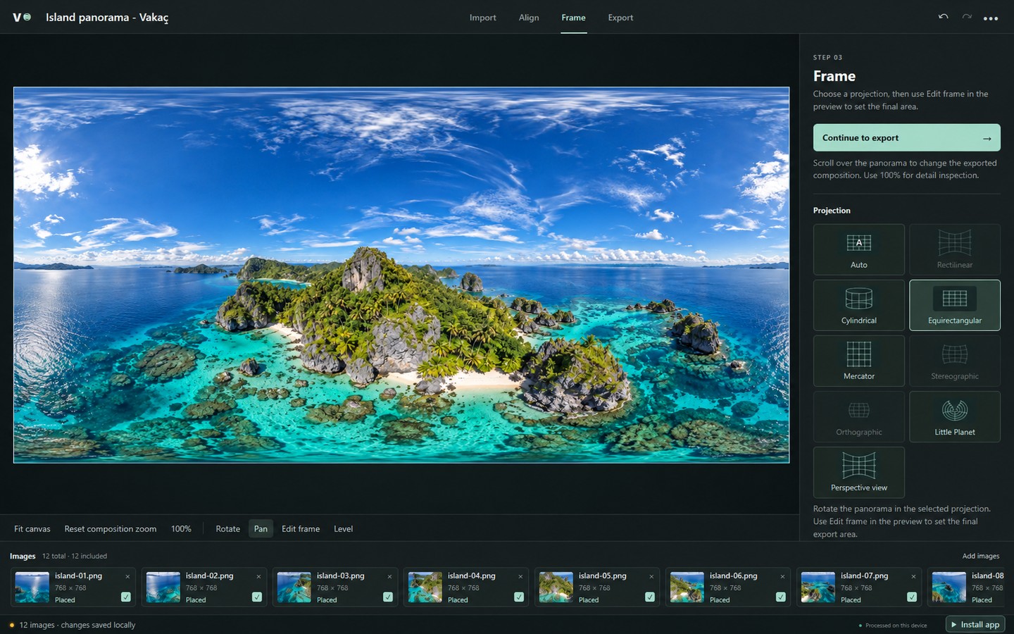 Vakago Panorama Stitcher showing the island panorama, projection controls, and source filmstrip