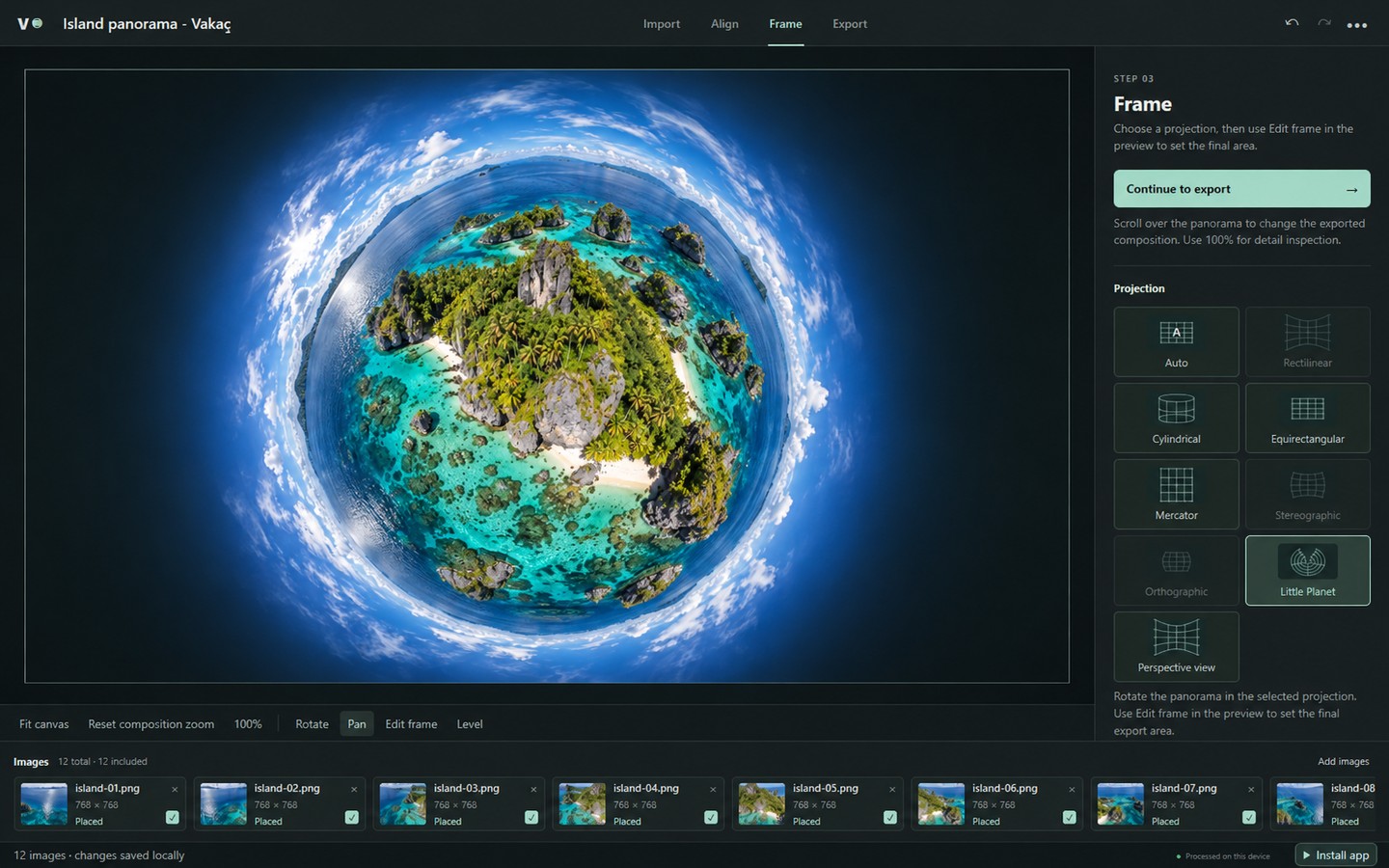 Little Planet projection selected in the editor with island panorama sources